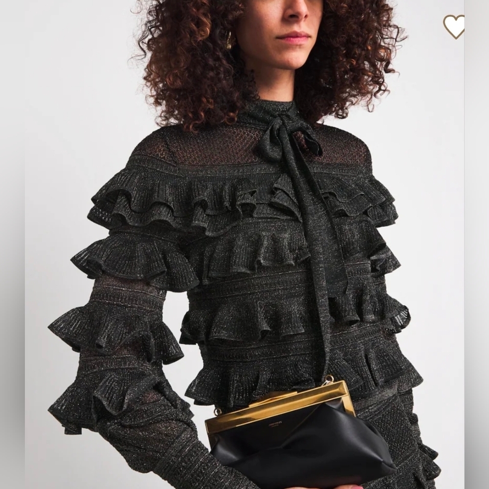 Zimmermann Black Long Sleeve Rebellion Frill Tie Neck Top Size 4 NWT $775 Luxury